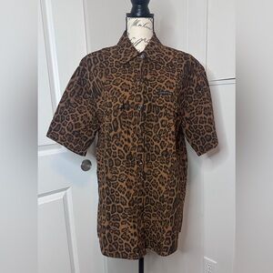 Lovestyle 100% Linen Leopard Print Button Down Shirt Short Sleeve Size L